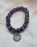 Purple Crackle Bead Bracelet | Double Heart Rhinestone Charm & Black Filigree | Handmade Soft Goth Jewellery Australia