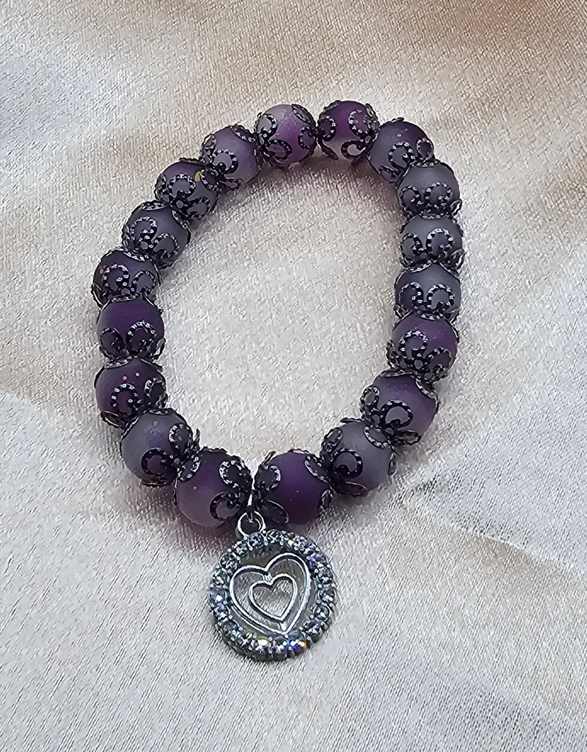 Purple Crackle Bead Bracelet | Double Heart Rhinestone Charm & Black Filigree | Handmade Soft Goth Jewellery Australia
