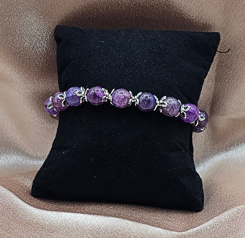 Purple Plum Crackle Agate Bracelet | Silver Floral Caps | Handmade Witchy Cottagecore Jewellery Australia