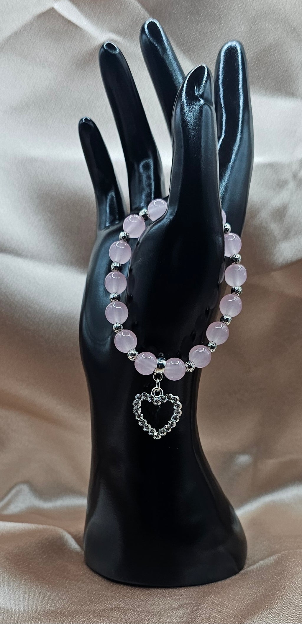 Pink Beaded Bracelet with Crystal Heart Charm | Rose Quartz Style | Handmade Soft Girl Jewellery Australia