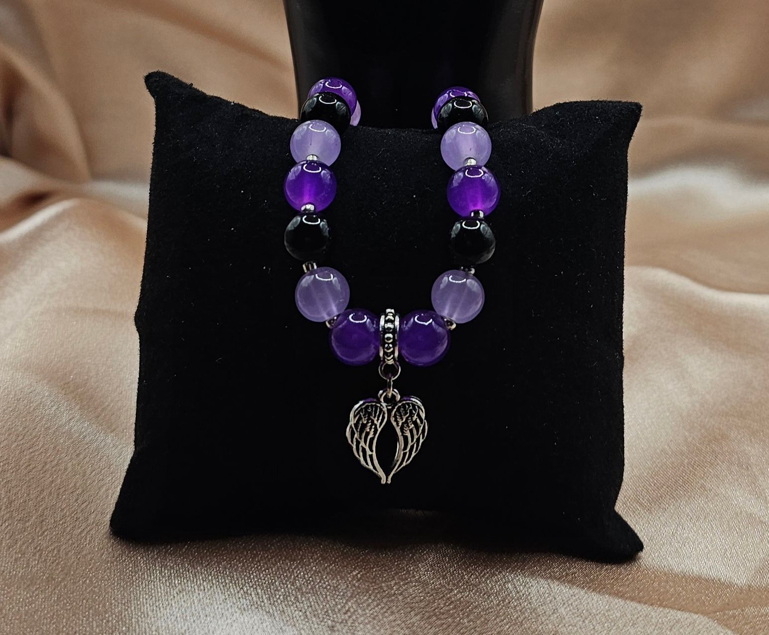 Purple & Black Beaded Bracelet | Silver Angel Wing Charm | Handmade Dark Coquette Angelcore Jewellery Australia