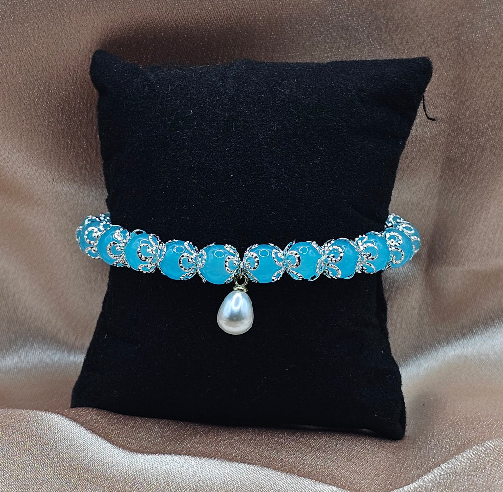 Blue Chalcedony Bracelet | Pearl Charm & Silver Filigree | Handmade Ocean-Inspired Jewellery Australia