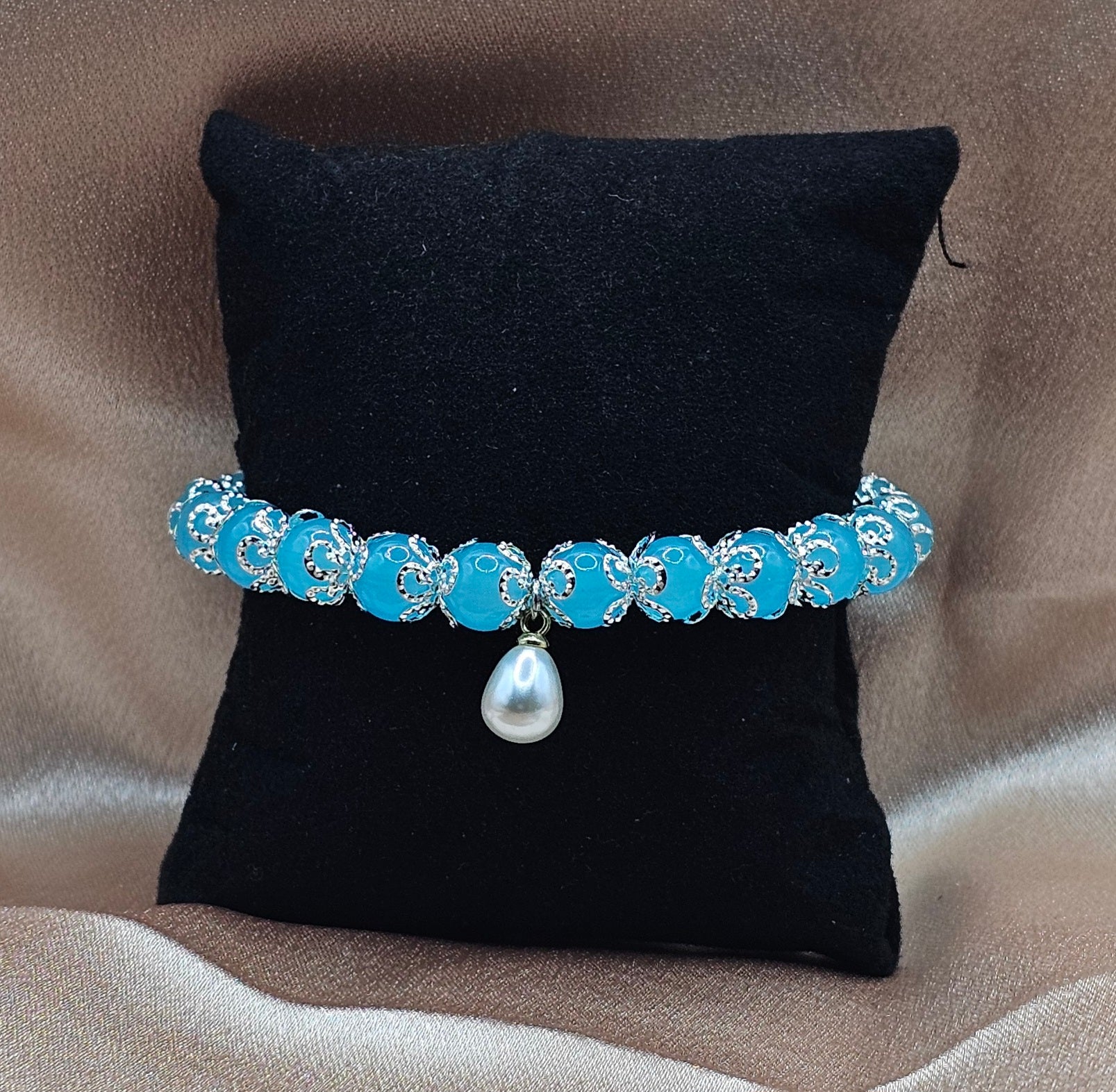 Blue Chalcedony Bracelet | Pearl Charm & Silver Filigree | Handmade Ocean-Inspired Jewellery Australia