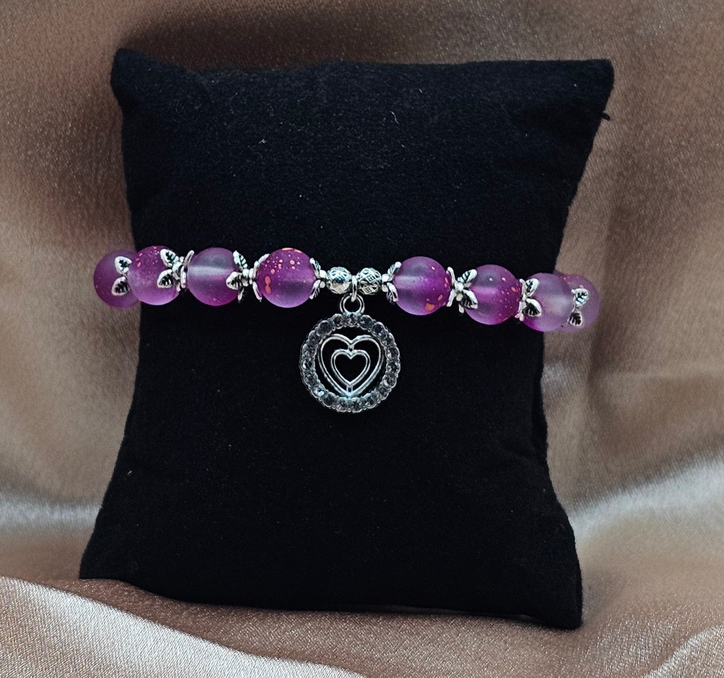 Frosted Pink Bracelet | Double Heart Rhinestone Charm & Silver Filigree | Handmade Coquette Jewellery Australia