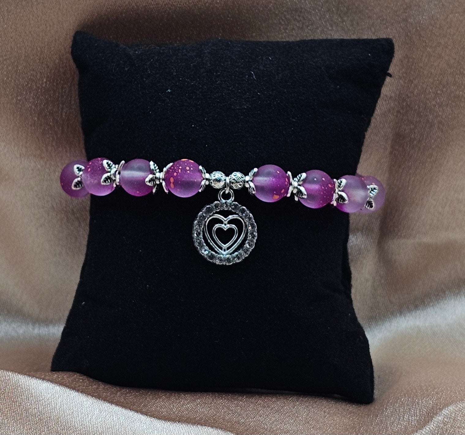 Frosted Pink Bracelet | Double Heart Rhinestone Charm & Silver Filigree | Handmade Coquette Jewellery Australia