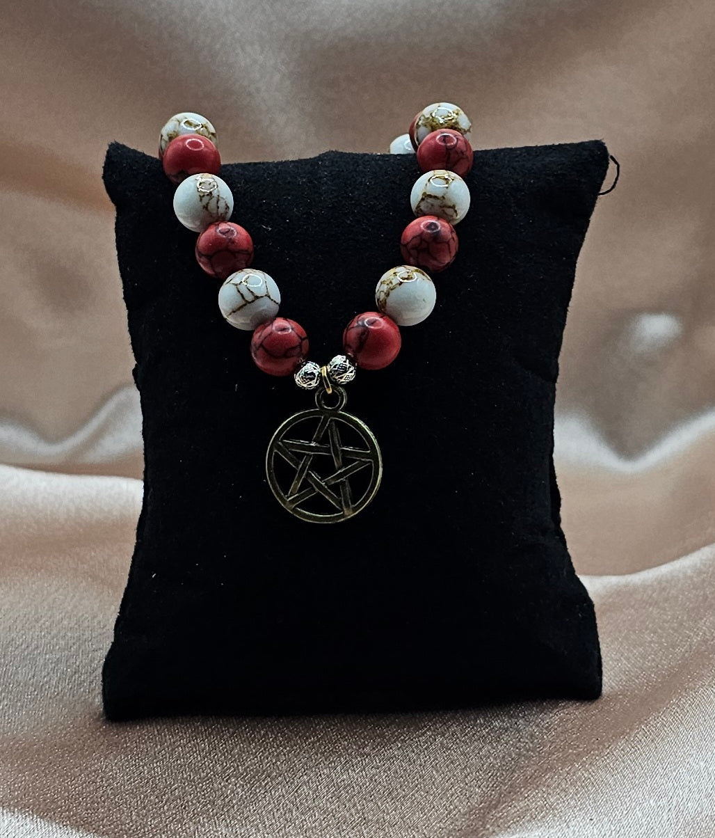 Red & White Crackle Bead Bracelet | Bronze Pentagram Charm | Handmade Witchy Jewellery Australia
