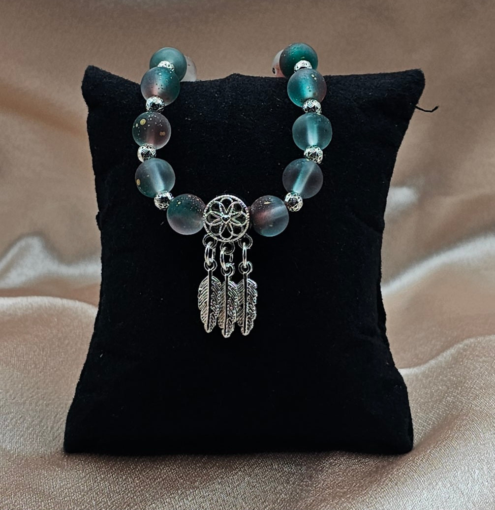 Frosted Dreamcatcher Beaded Bracelet | Triple Feather Charm | Handmade Boho Witchy Jewellery Australia