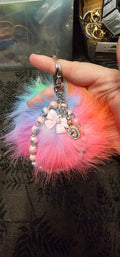 Pastell Regenbogen Pom Pom Schlüsselanhänger | Perlen, Schleife & Mond Anhänger | Handgemachtes Coquette Accessoire