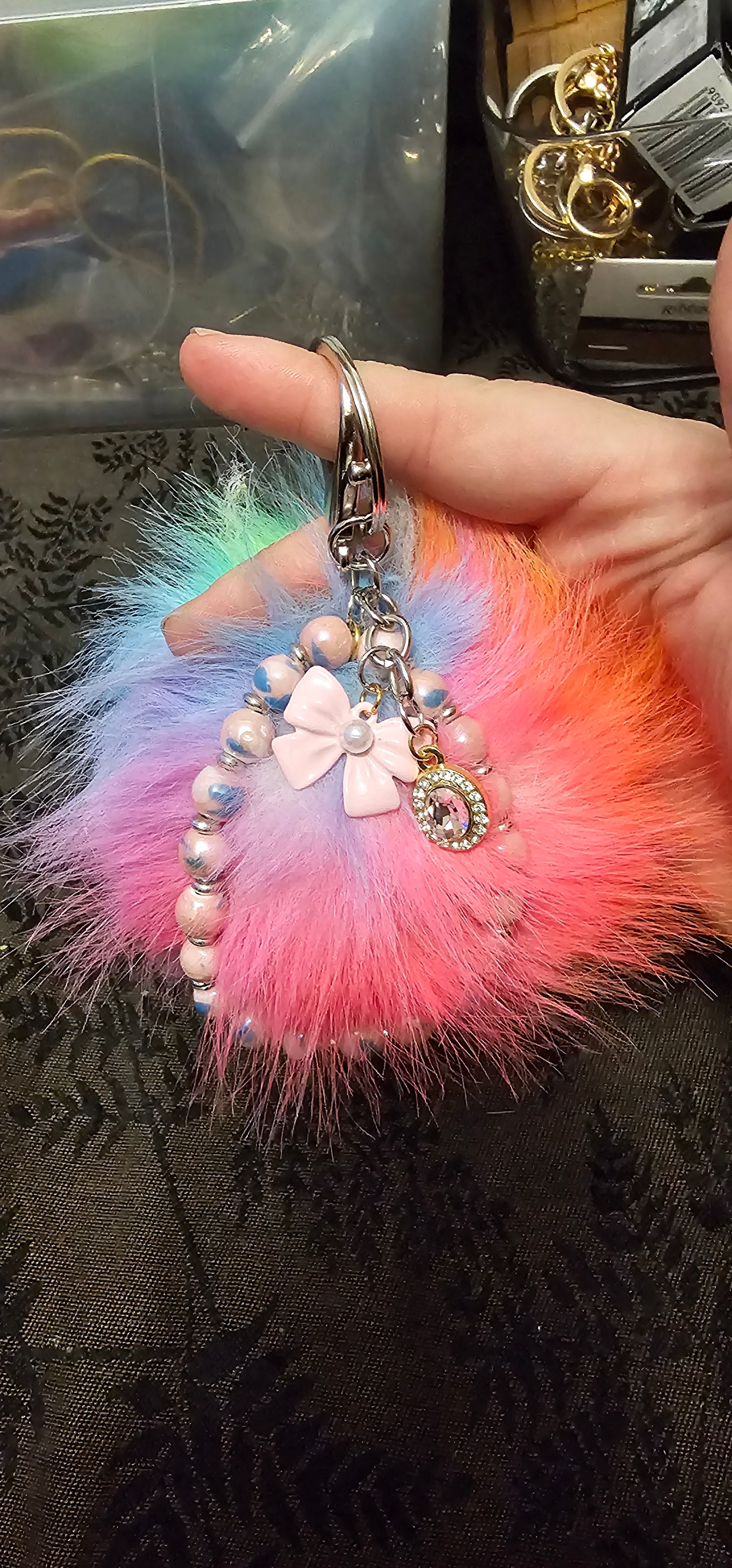 Pastel Rainbow Pom Pom Keychain | Pearl Beads, Bow & Moon Charm | Handmade Coquette Accessory