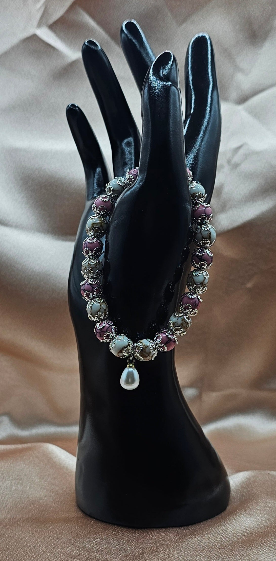 Pink Crackle Quartz Bracelet | Pearl Charm & Silver Filigree | Handmade Coquette Jewellery Australia