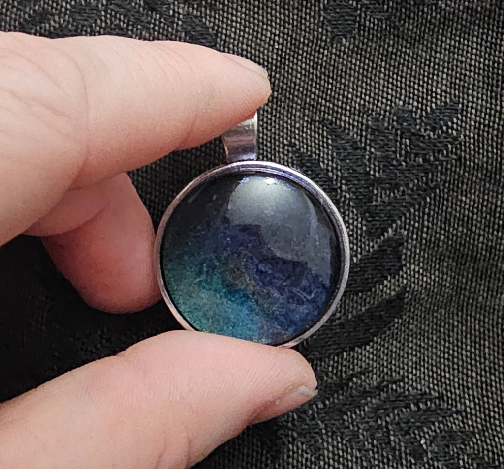 Midnight Galaxy Round Resin Pendant | Deep Blue Teal Shimmer | Handmade Gothic Fairycore Jewellery