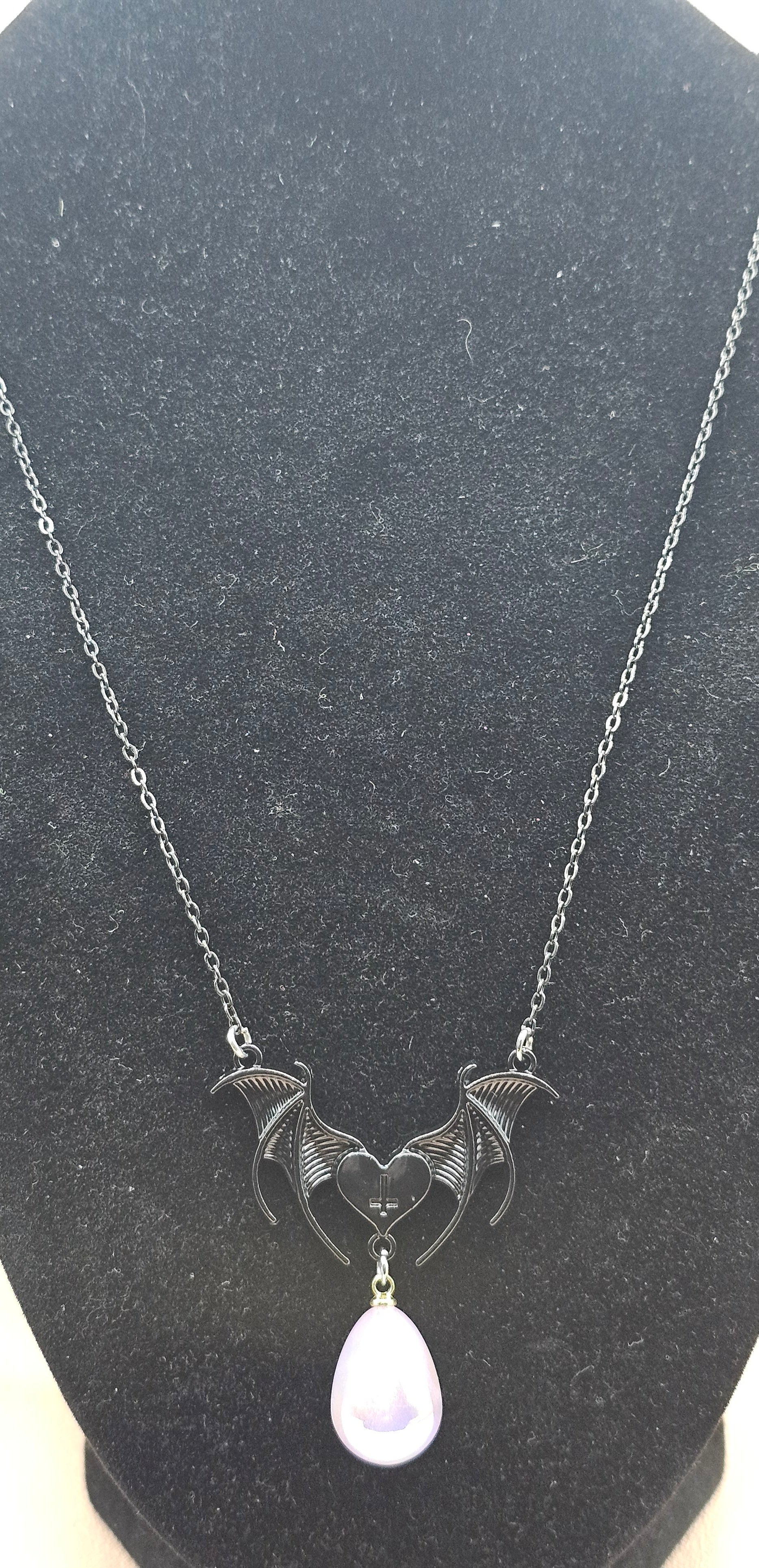 Gothic Bat Wing Heart Necklace | Lavender Teardrop Pendant | Soft Goth Handmade