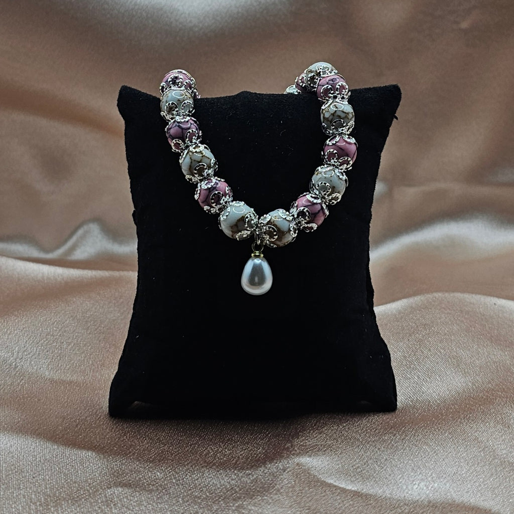 Pink Crackle Quartz Bracelet | Pearl Charm & Silver Filigree | Handmade Coquette Jewellery Australia