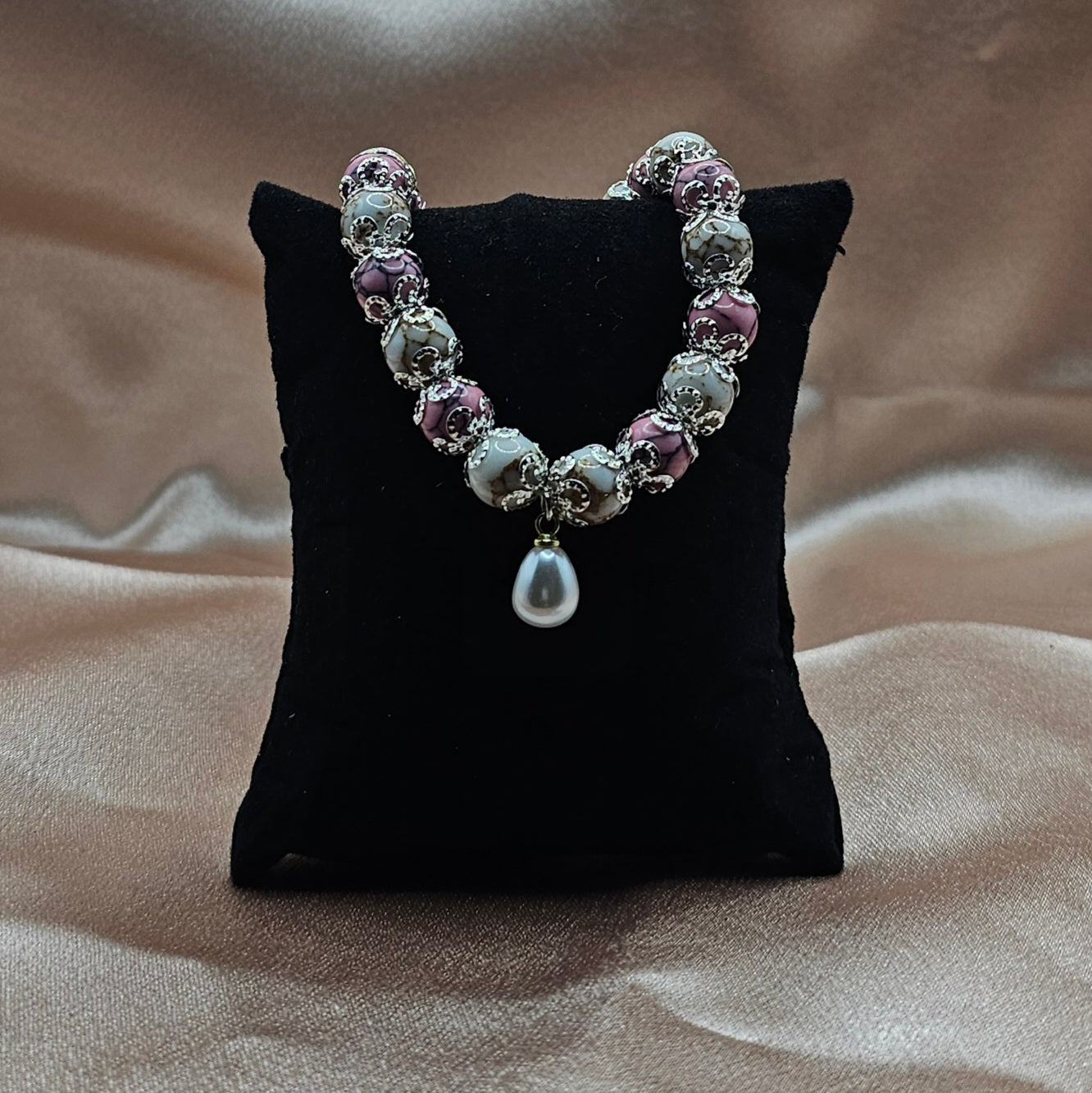 Pink Crackle Quartz Bracelet | Pearl Charm & Silver Filigree | Handmade Coquette Jewellery Australia