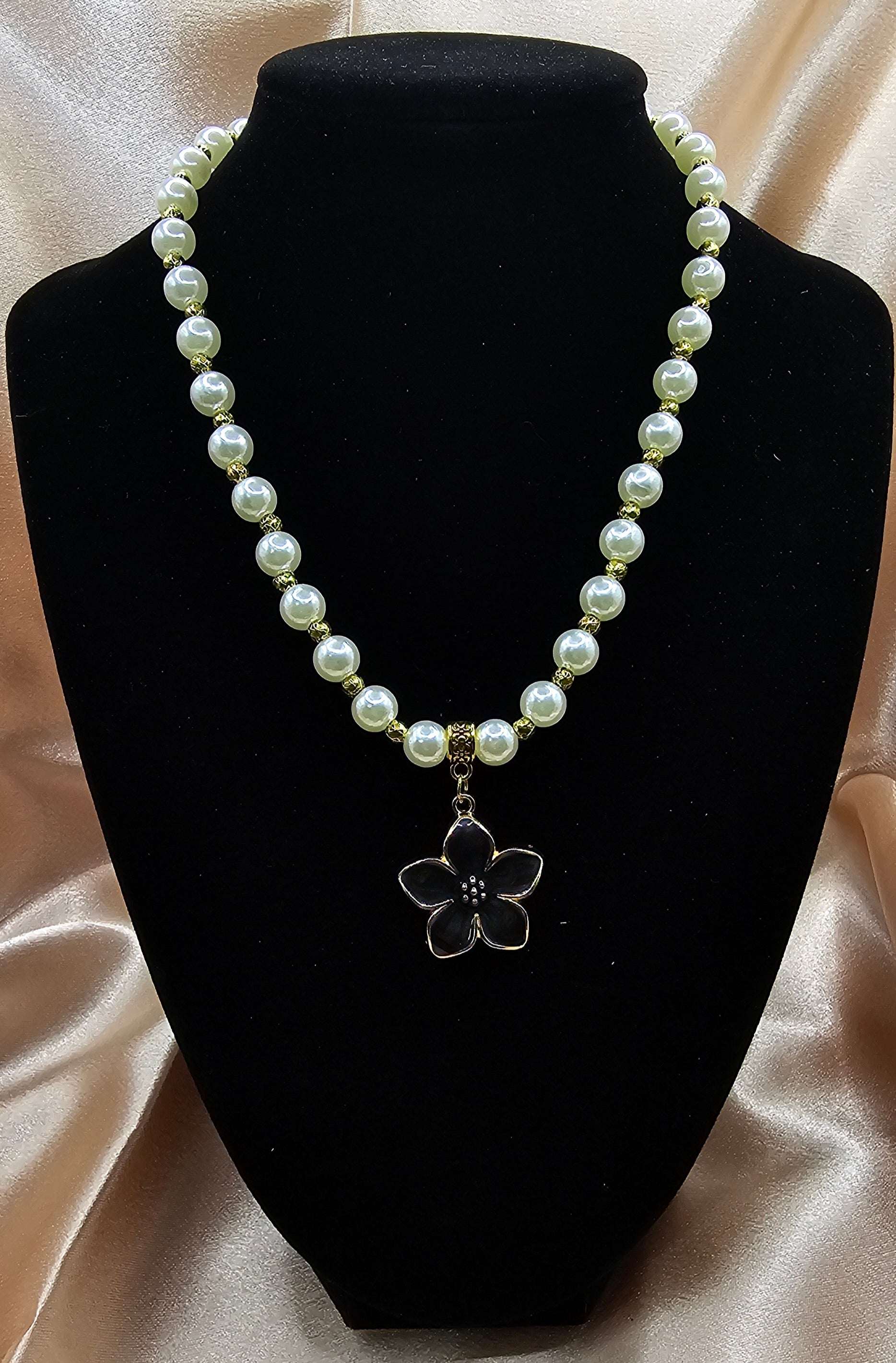 Handmade pearl and black flower pendant necklace, elegant gothic jewellery Australia