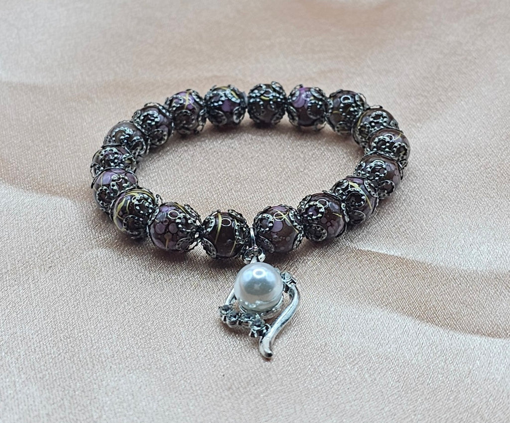 Cloisonne Bead Bracelet | Pearl Charm & Dark Filigree | Handmade Dark Romantic Jewellery Australia