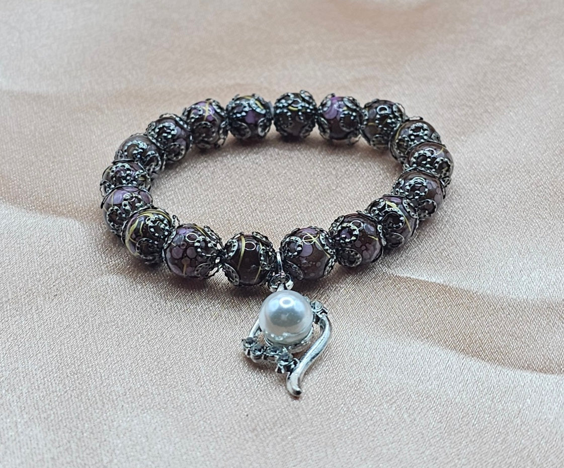 Cloisonne Bead Bracelet | Pearl Charm & Dark Filigree | Handmade Dark Romantic Jewellery Australia