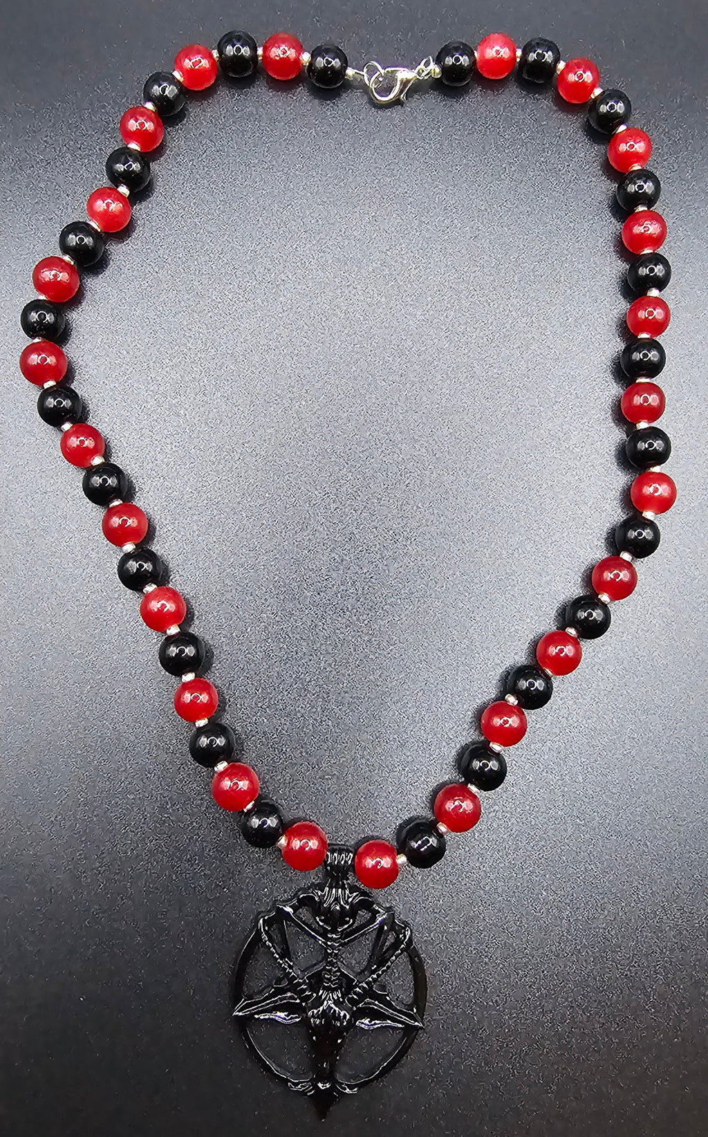 Handmade red and black beaded gothic necklace with occult goat pendant, alt jewellery Australia