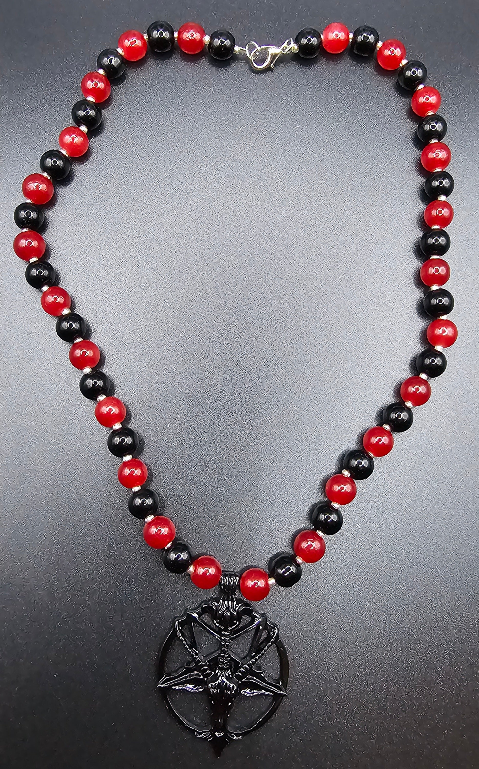 Handmade red and black beaded gothic necklace with occult goat pendant, alt jewellery Australia