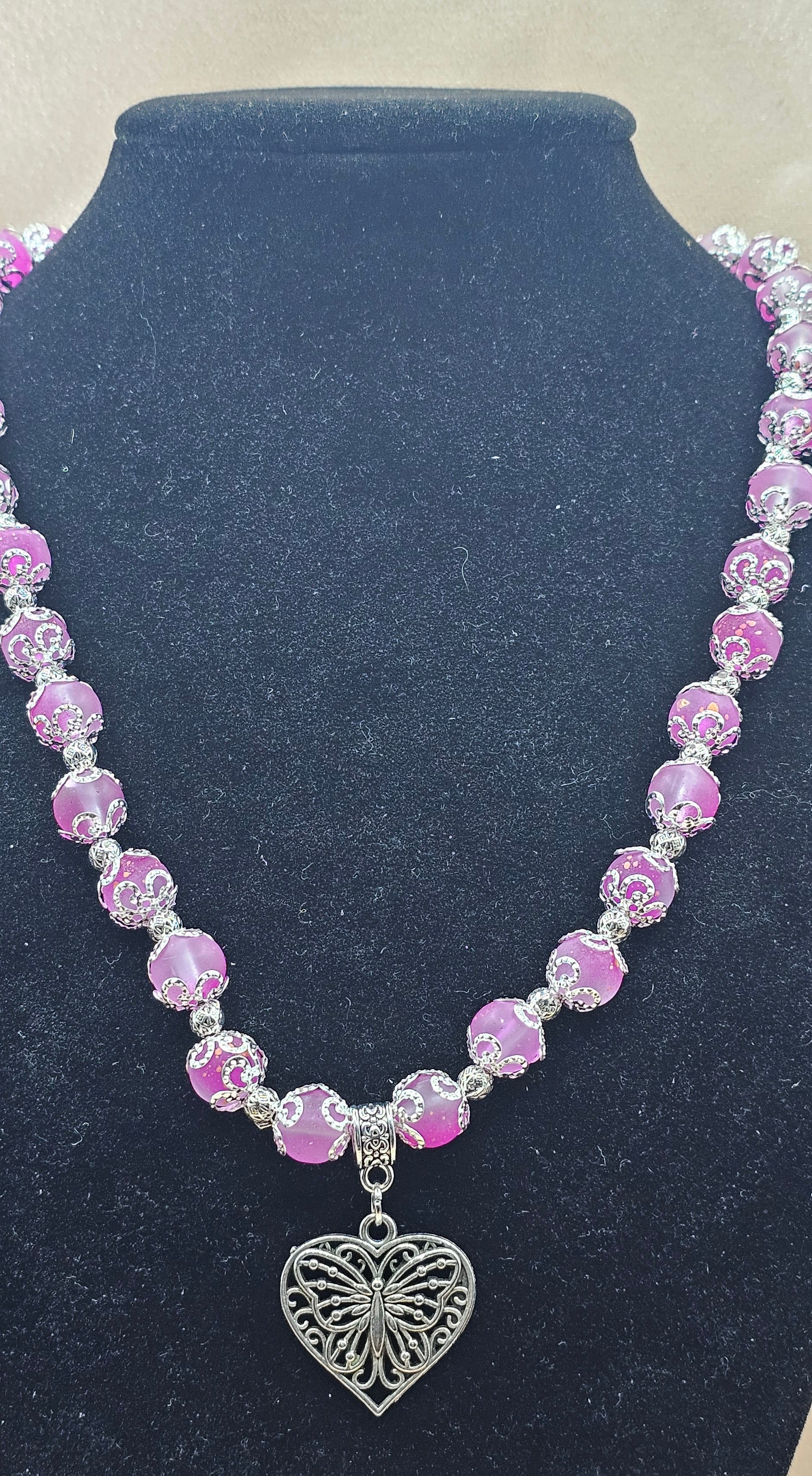 Pink Marbled Beaded Necklace | Silver Heart Butterfly Pendant | Handmade Romantic Jewellery