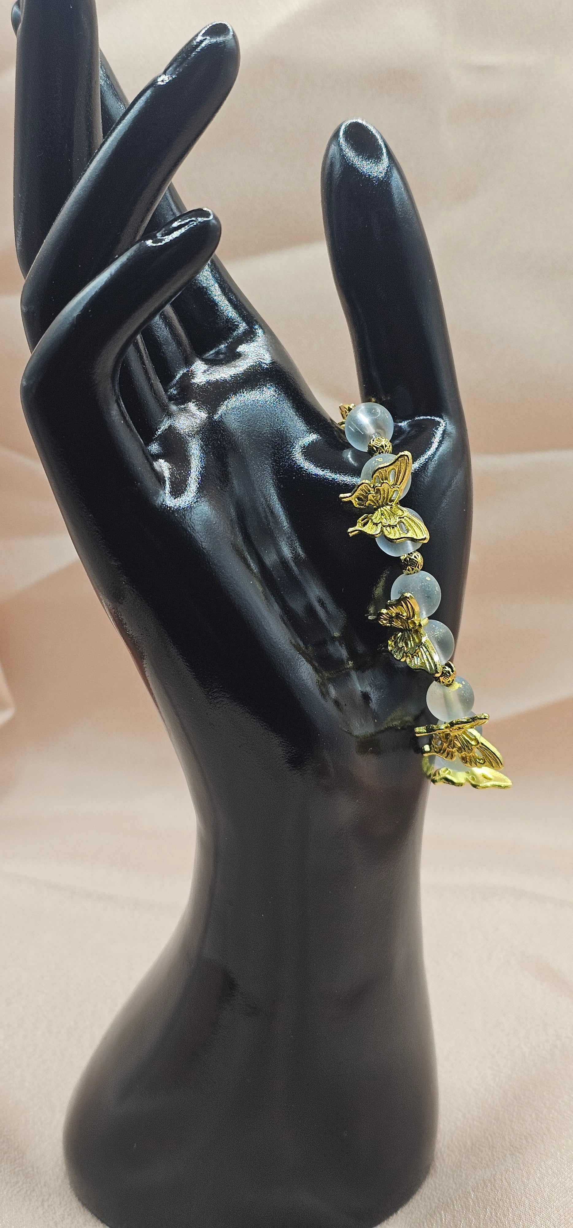 Golden Butterfly Frosted Glass Bead Bracelet | Gold Butterfly Charms | Handmade Fairycore Jewellery Australia