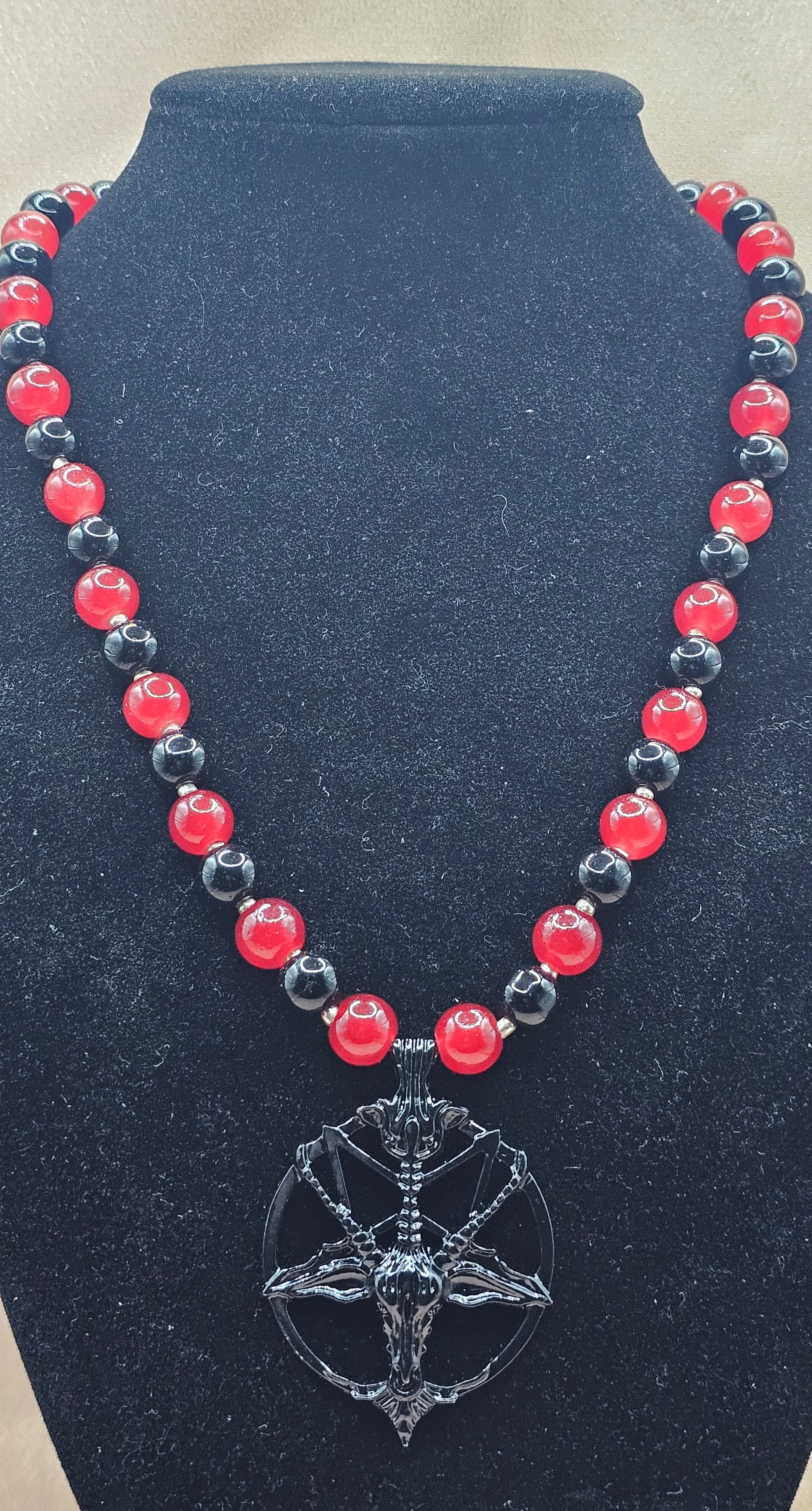 Red & Black Beaded Gothic Necklace | Occult Goat Pendant | Handmade Alt Jewellery