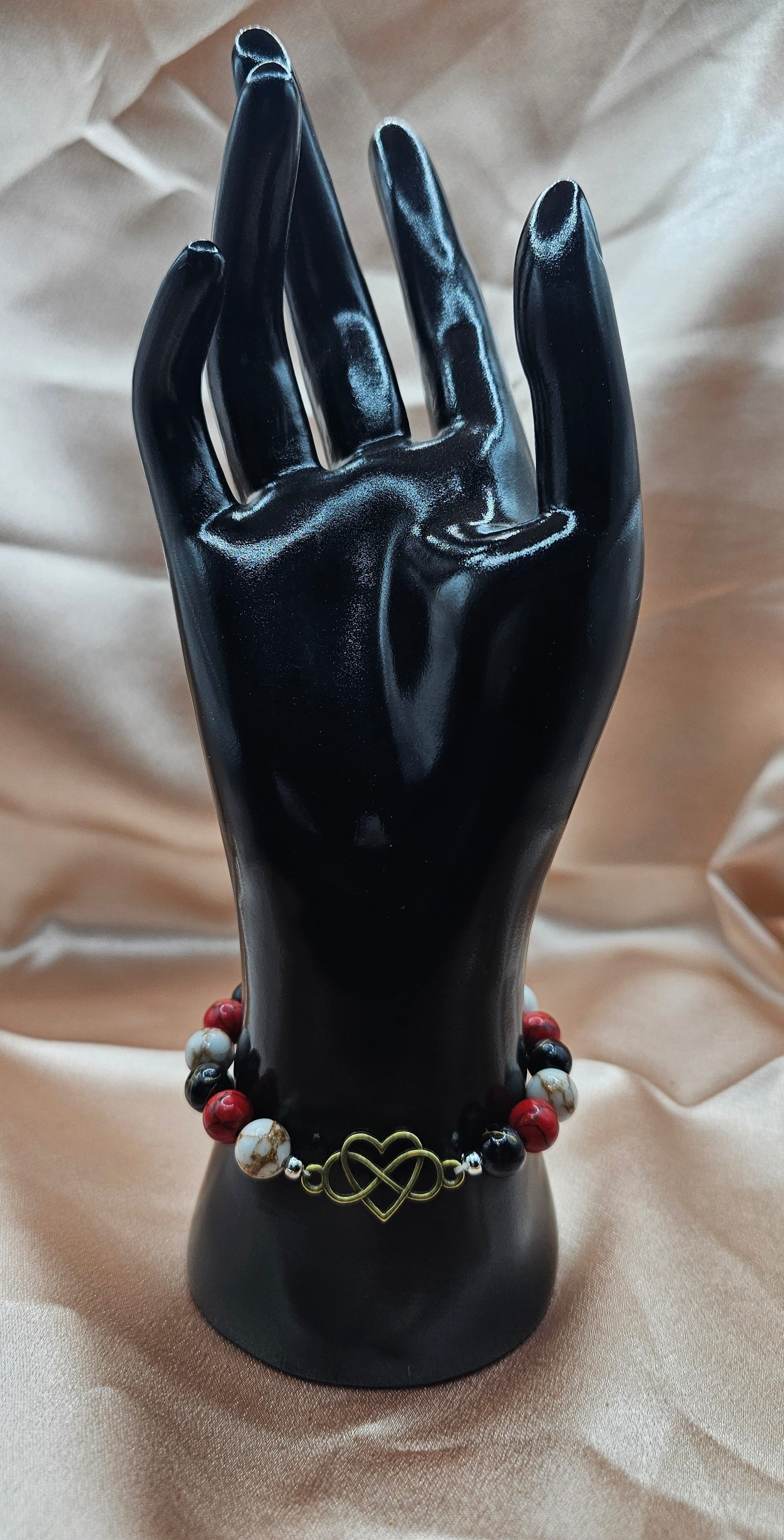 Red Black & White Marble Beaded Bracelet | Antique Bronze Infinity Heart Charm | Handmade Dark Romance Jewellery Australia