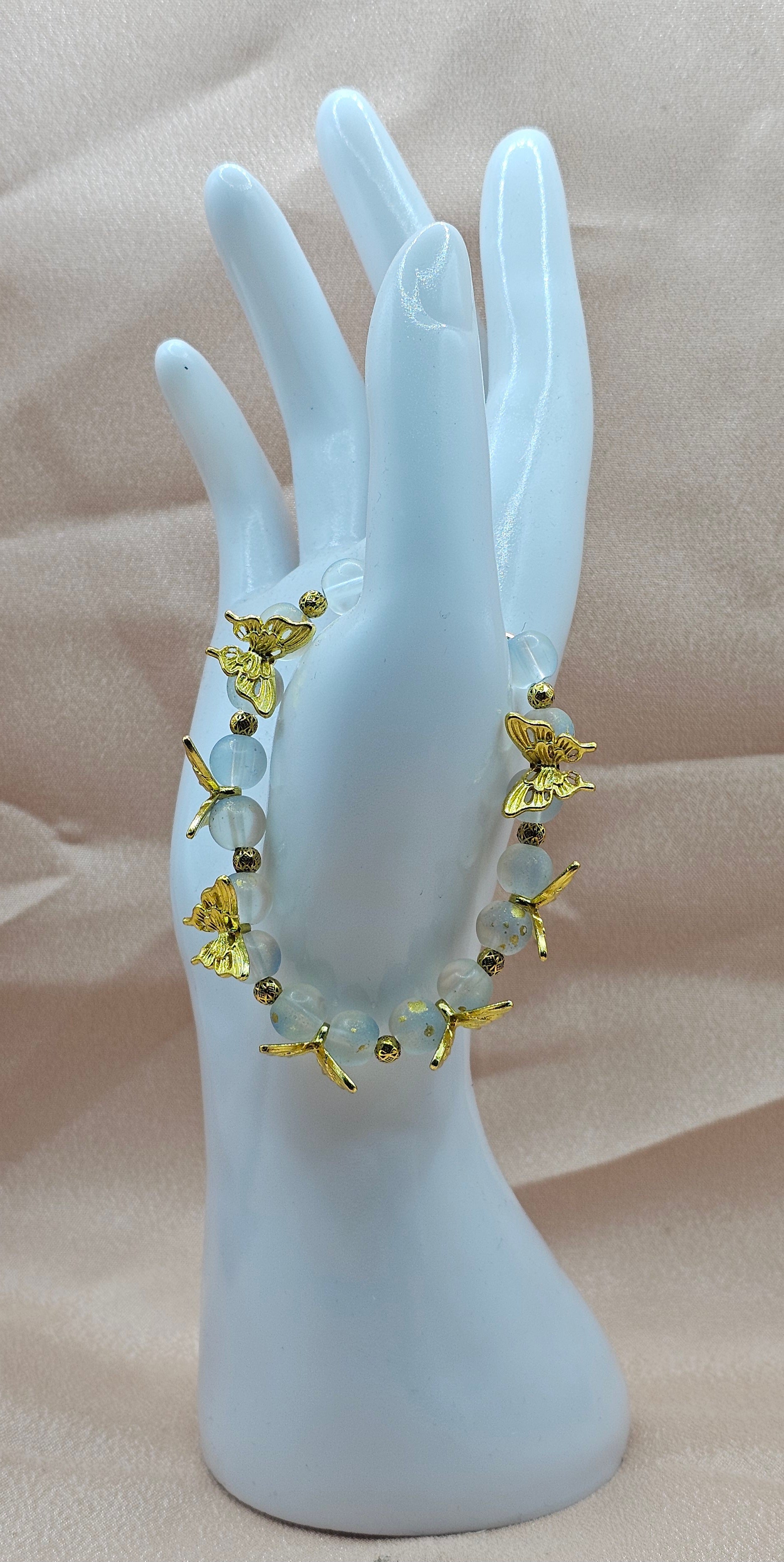 Golden Butterfly Frosted Glass Bead Bracelet | Gold Butterfly Charms | Handmade Fairycore Jewellery Australia
