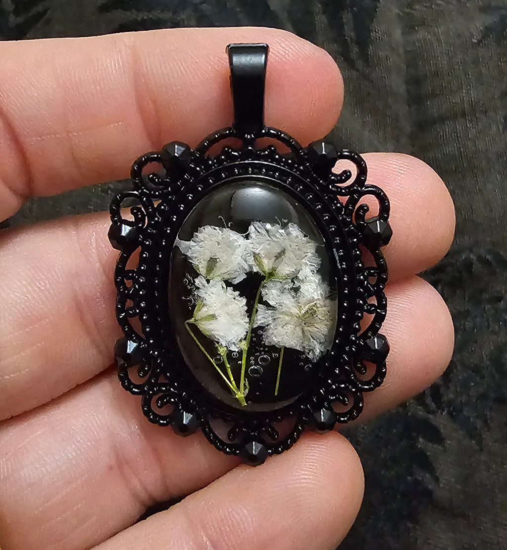 Black Gothic Oval Resin Pendant | Real Baby's Breath Flowers | Handmade Dark Romantic Jewellery