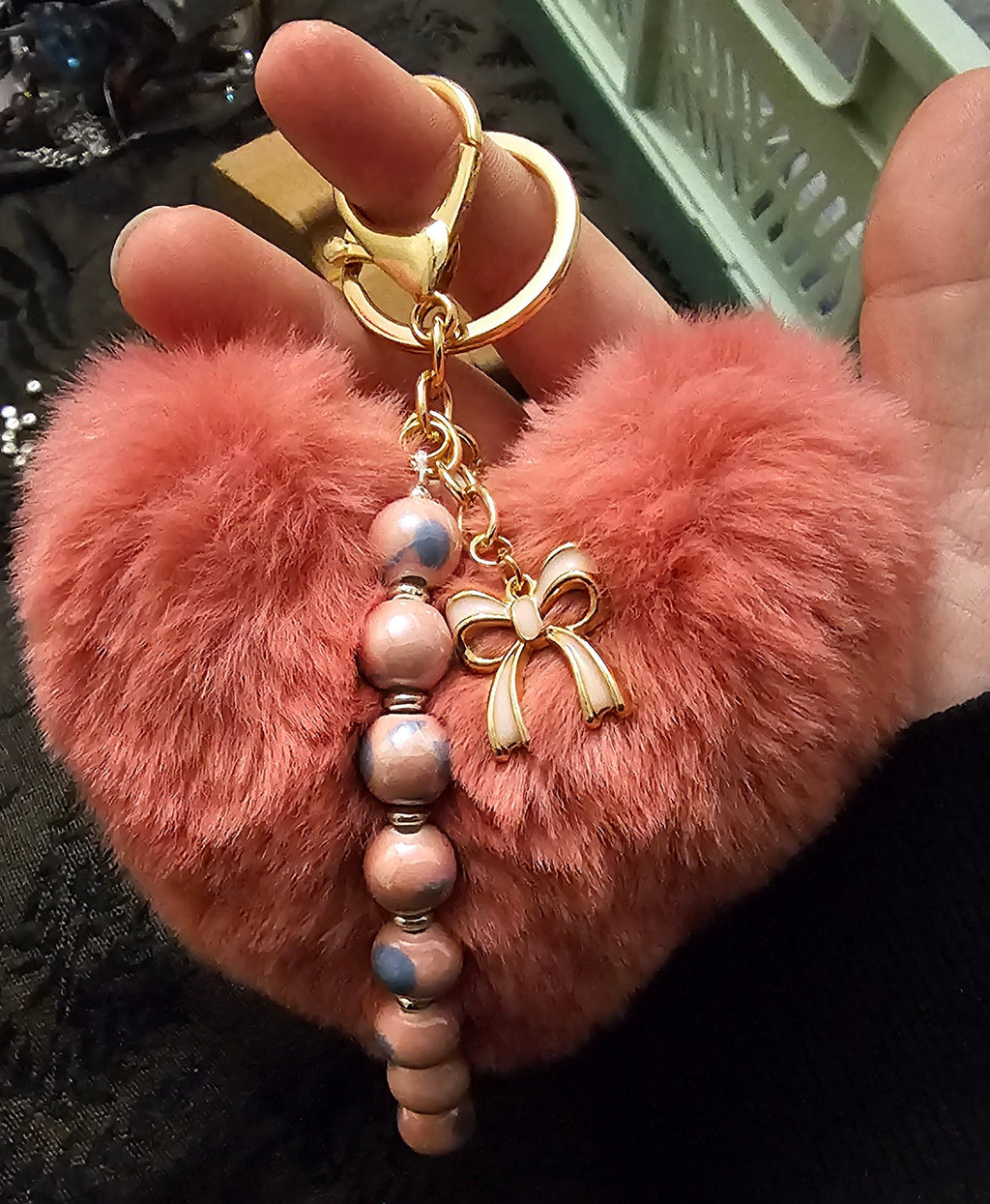 Pink Heart Pom Pom Keychain | Marbled Beads & Pink Bow Charm | Handmade Coquette Accessory