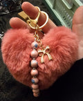 Pink Heart Pom Pom Keychain | Marbled Beads & Pink Bow Charm | Handmade Coquette Accessory