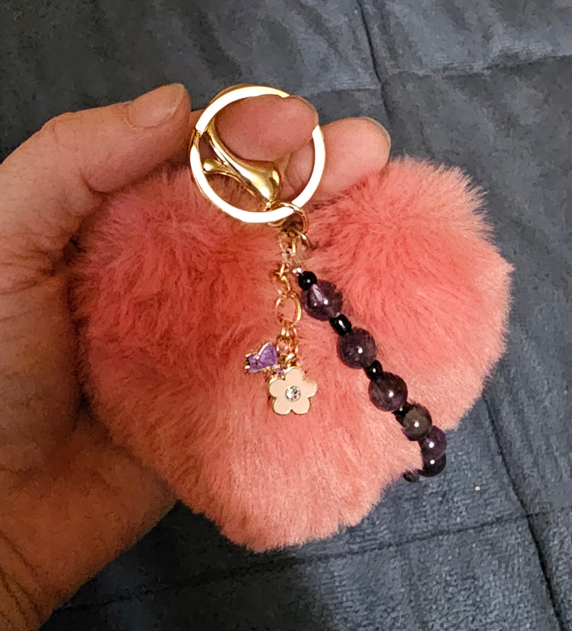 Coral Heart Pom Pom Keychain | Amethyst Beads, Daisy & Butterfly Charm | Handmade Coquette Cottagecore