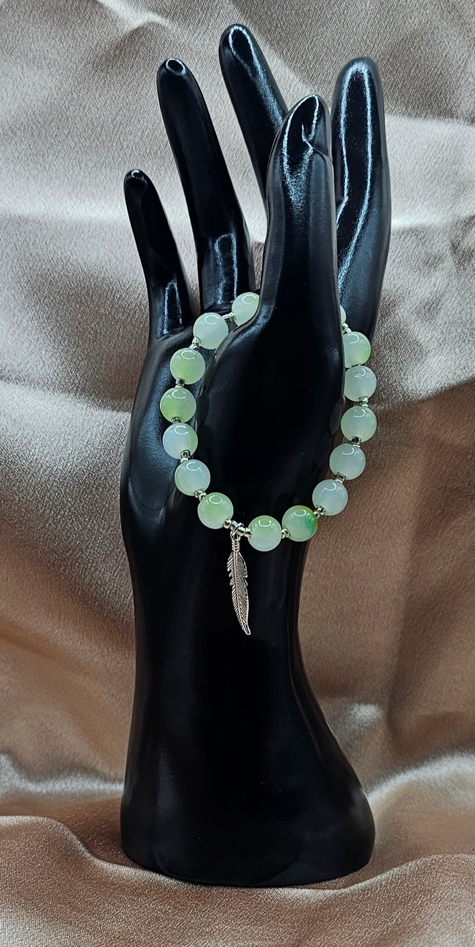 Green Marbled Beaded Bracelet | Silver Feather Charm | Handmade Cottagecore Boho Jewellery Australia