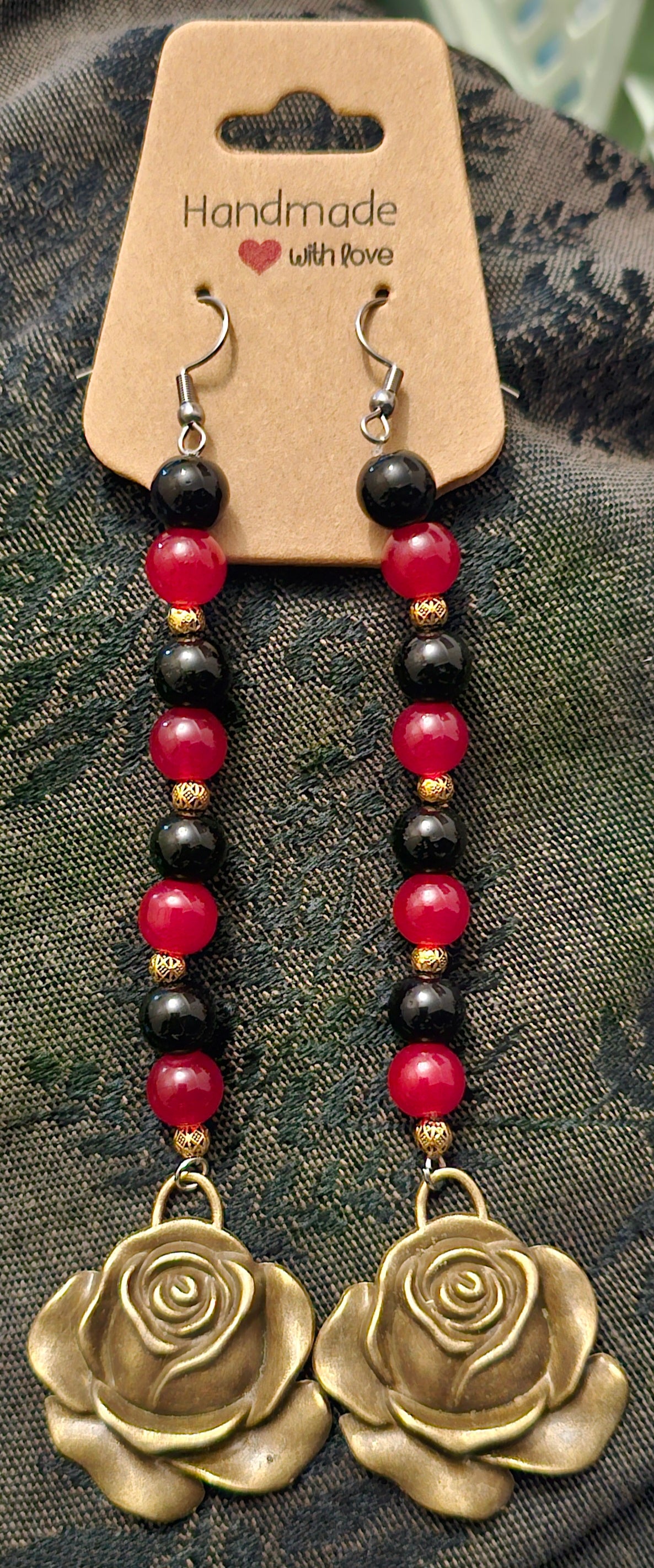Handmade red and black gothic rose earrings with antique gold dangle, dark romantic jewellery Australia