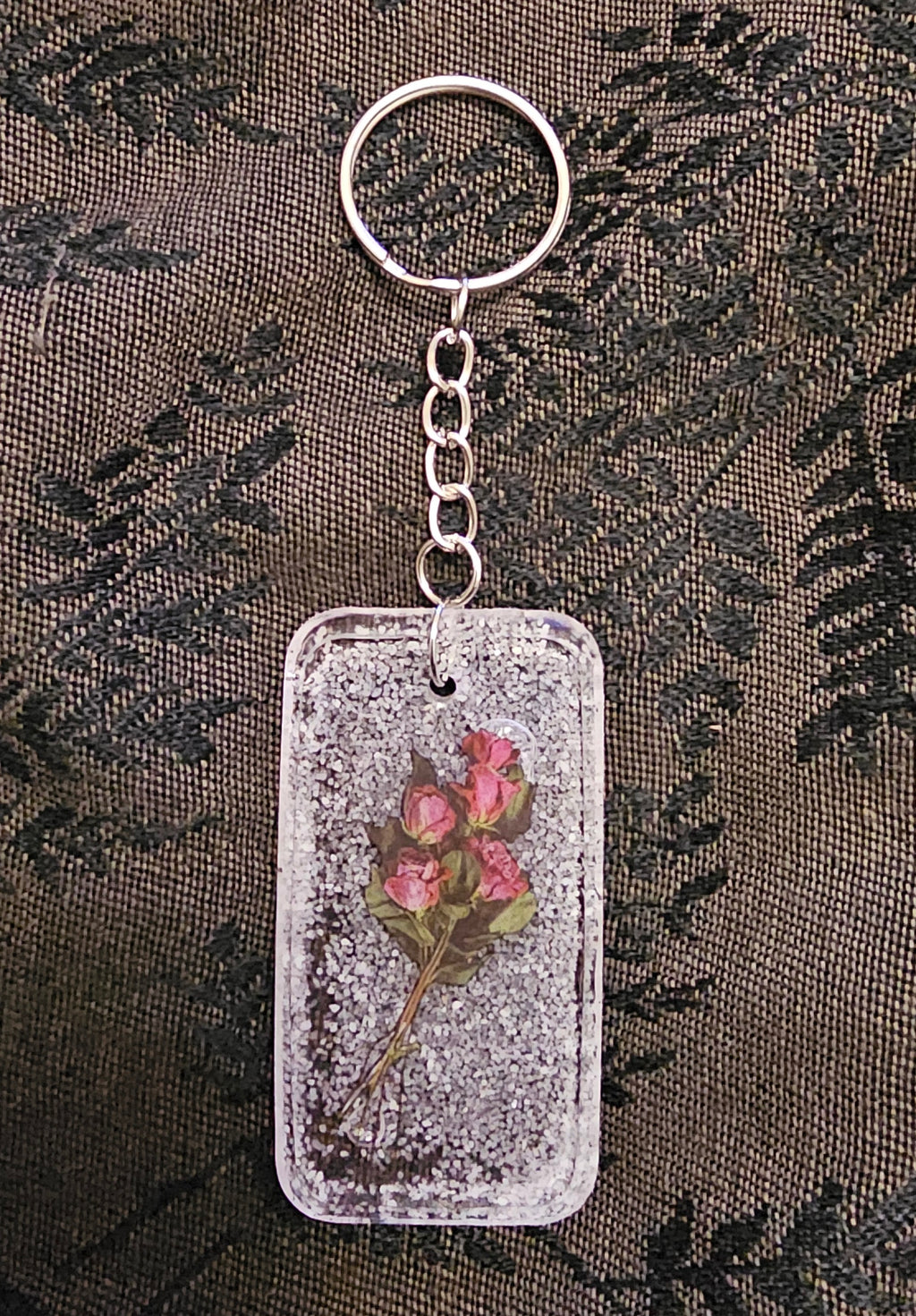 Pink Rose Resin Keychain | Dried Flower Bouquet in Clear Resin with Silver Glitter | Romantic Cottagecore Gift Australia