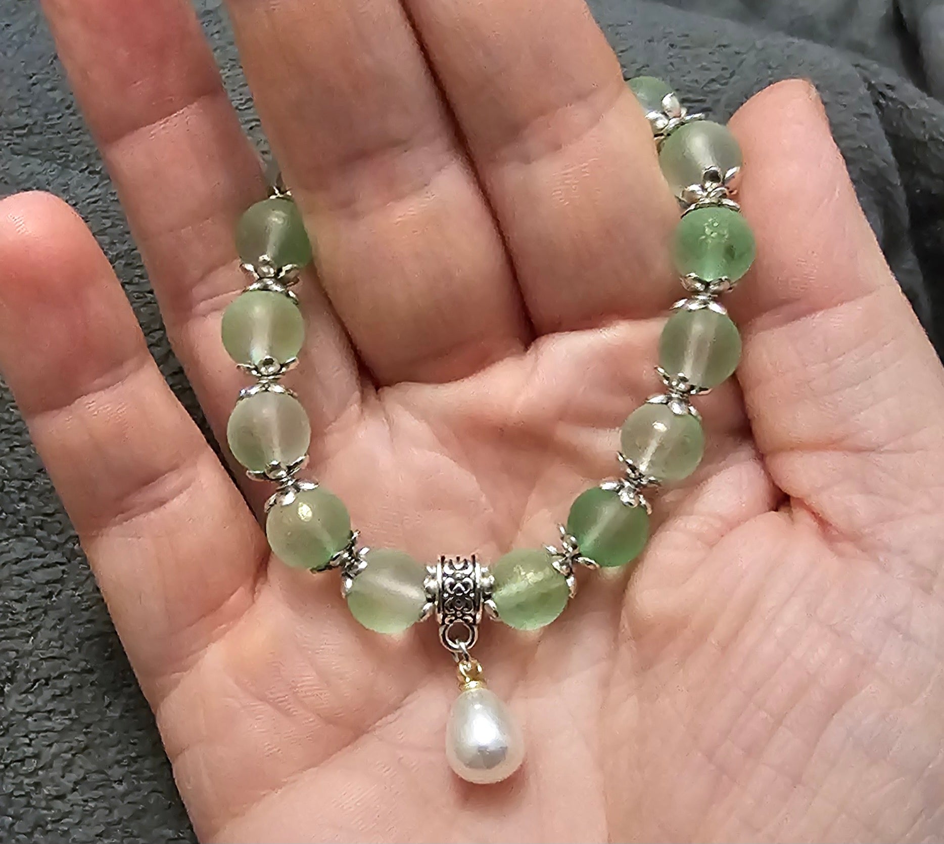 Frosted Green Aventurine Bracelet | Pearl Charm & Silver Floral Caps | Handmade Cottagecore Jewellery Australia