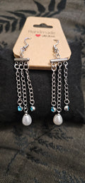 Handmade pearl and blue crystal dangle earrings with silver tassel drop, elegant jewellery Australia