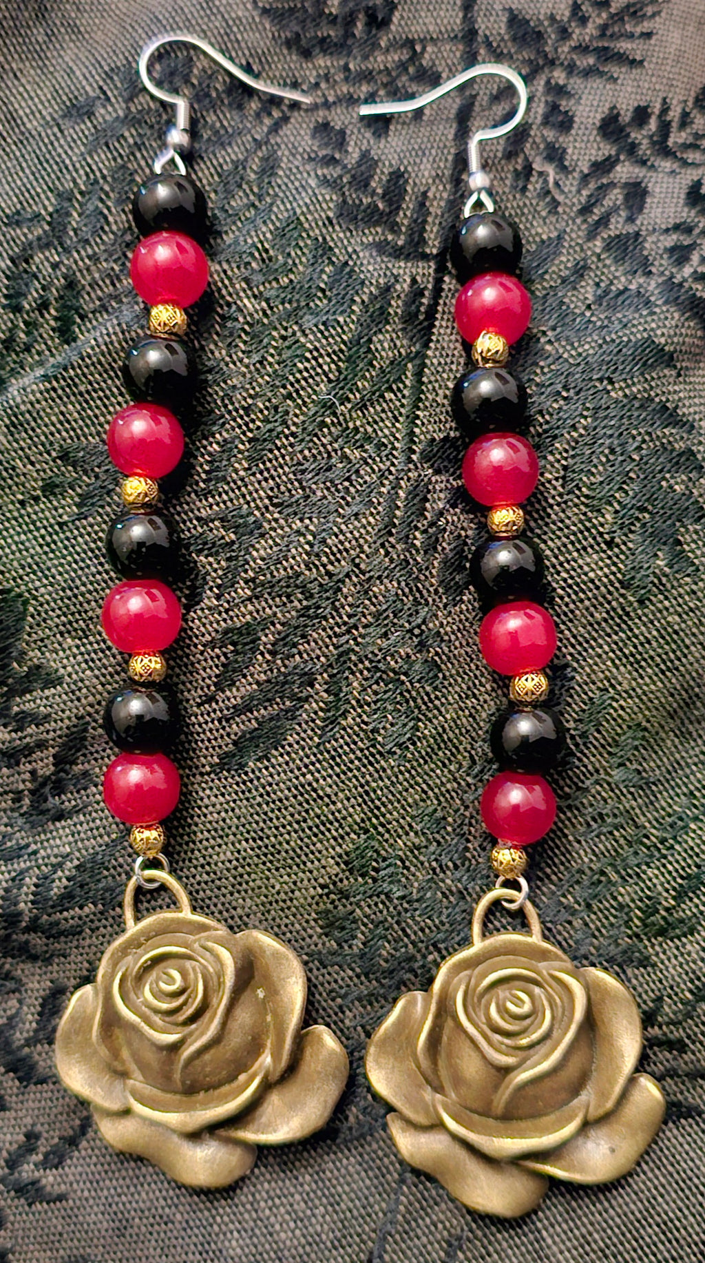 Handmade red and black gothic rose earrings with antique gold dangle, dark romantic jewellery Australia