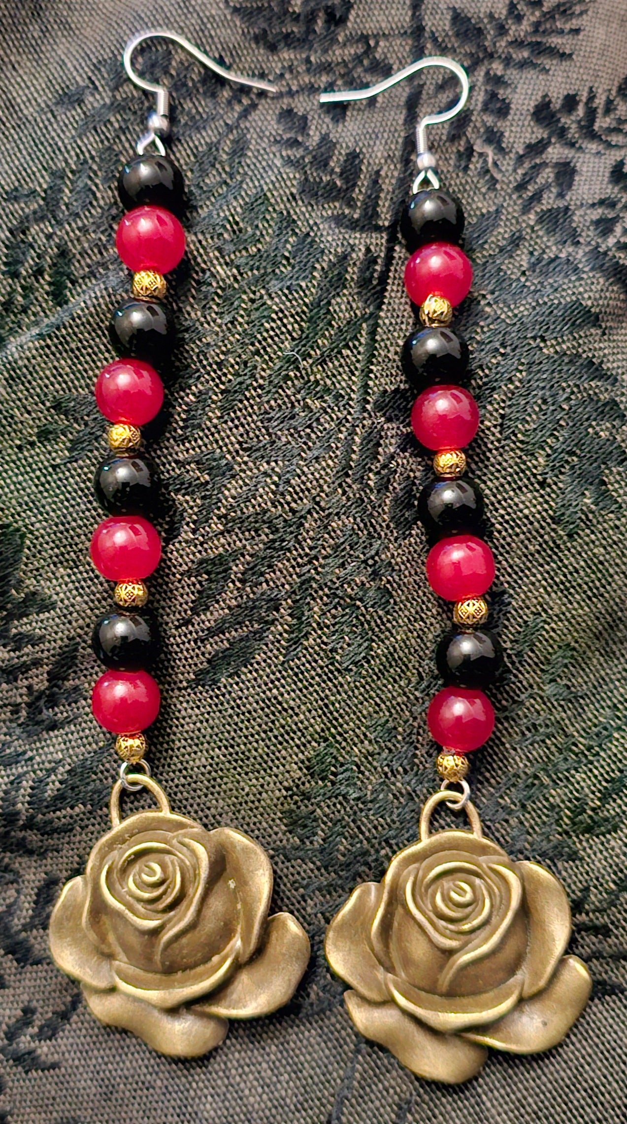 Handmade red and black gothic rose earrings with antique gold dangle, dark romantic jewellery Australia