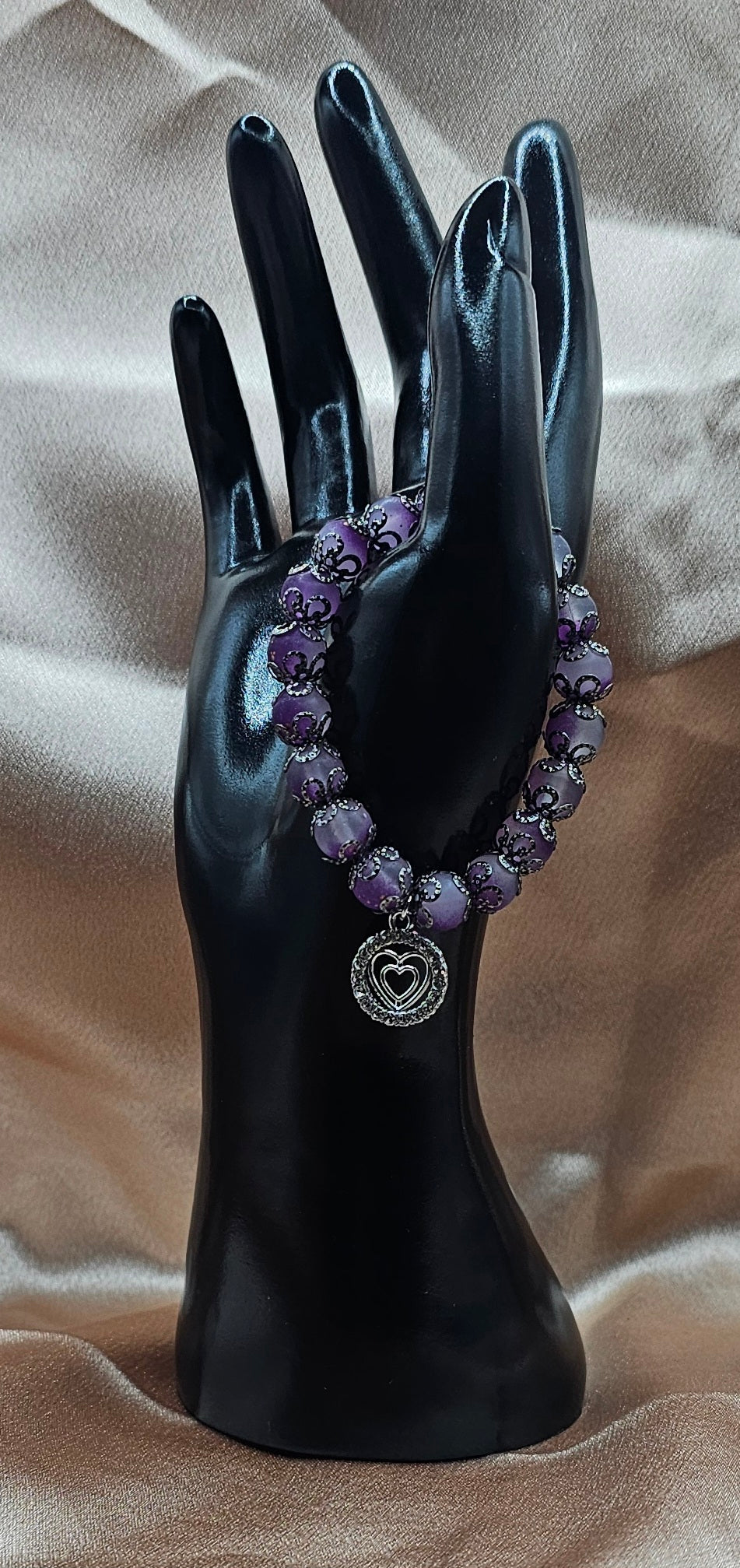 Purple Crackle Bead Bracelet | Double Heart Rhinestone Charm & Black Filigree | Handmade Soft Goth Jewellery Australia