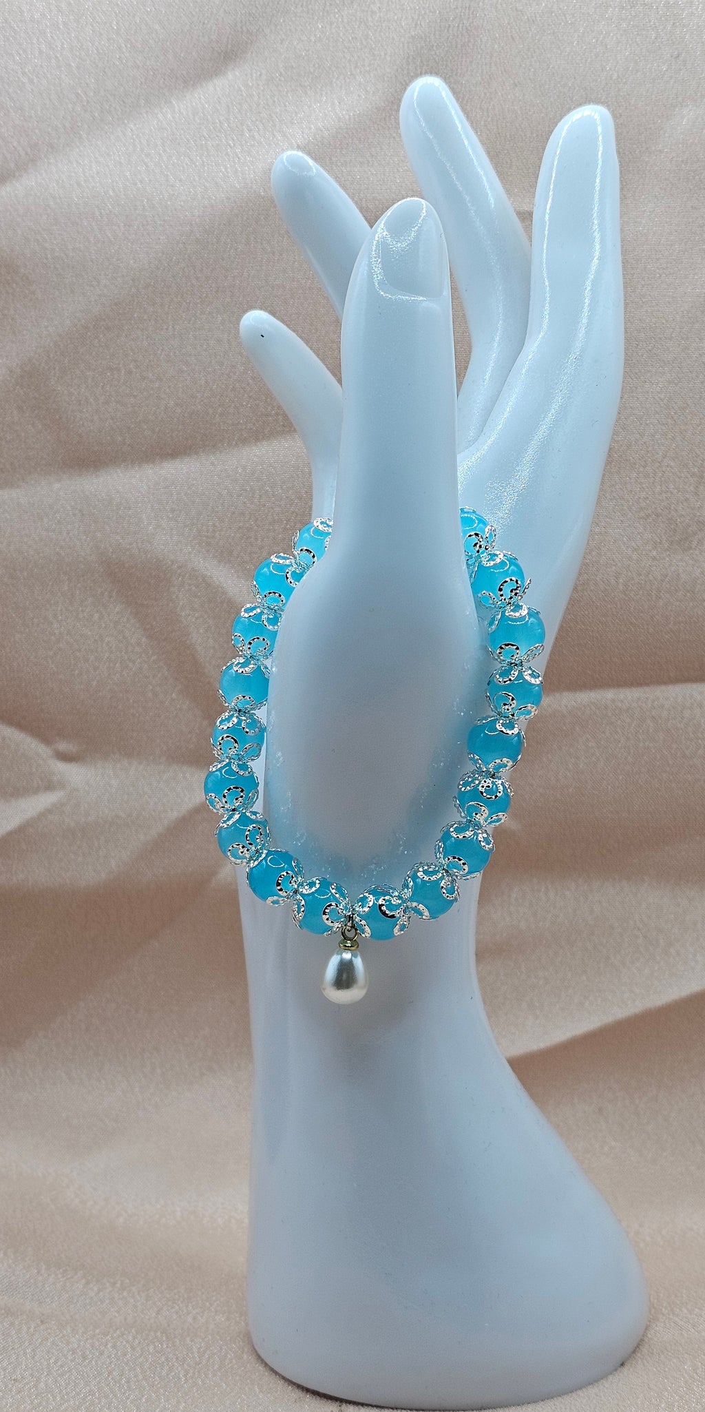 Handmade ocean-inspired blue chalcedony beaded bracelet with pearl charm and silver filigree, Adelaide Australia