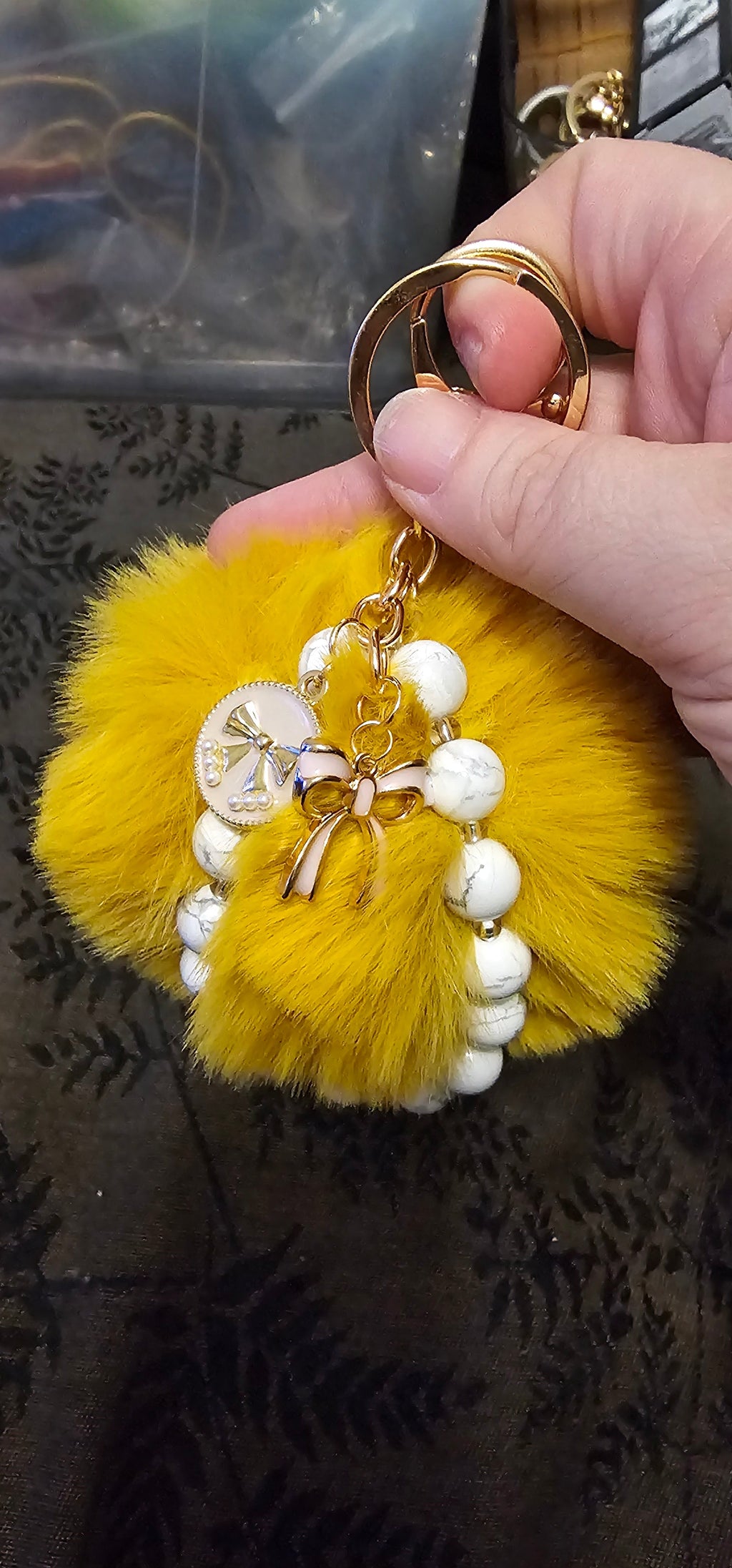 Yellow Pom Pom Keychain | White Howlite Beads & Gold Bow Charm | Handmade Coquette Accessory