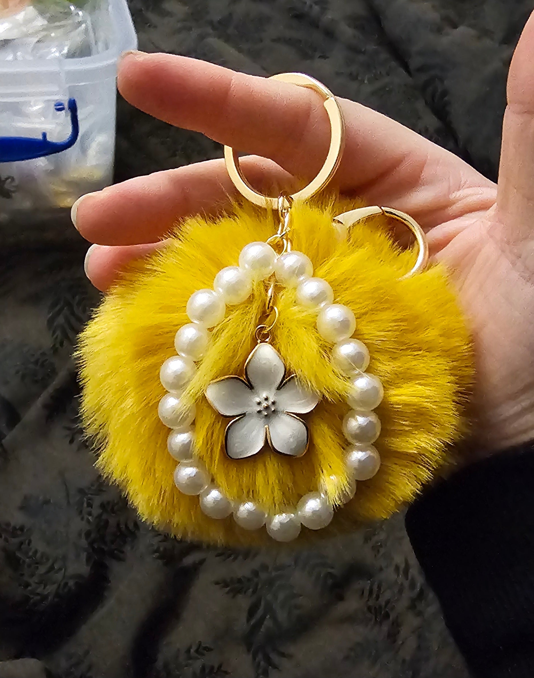 Yellow Pom Pom Pearl Keychain | White Flower Charm & Pearl Beads | Handmade Cottagecore Accessory