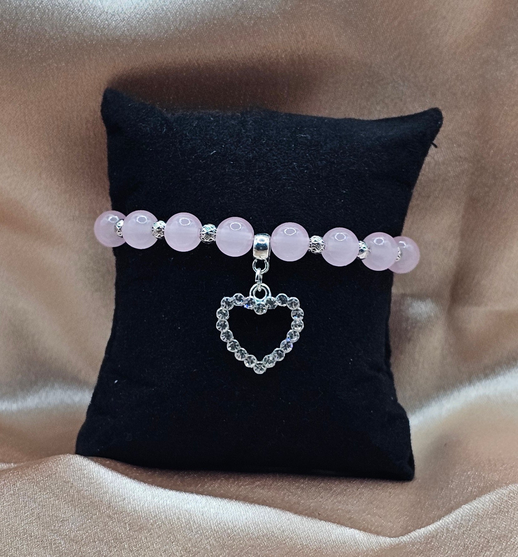 Pink Beaded Bracelet with Crystal Heart Charm | Rose Quartz Style | Handmade Soft Girl Jewellery Australia