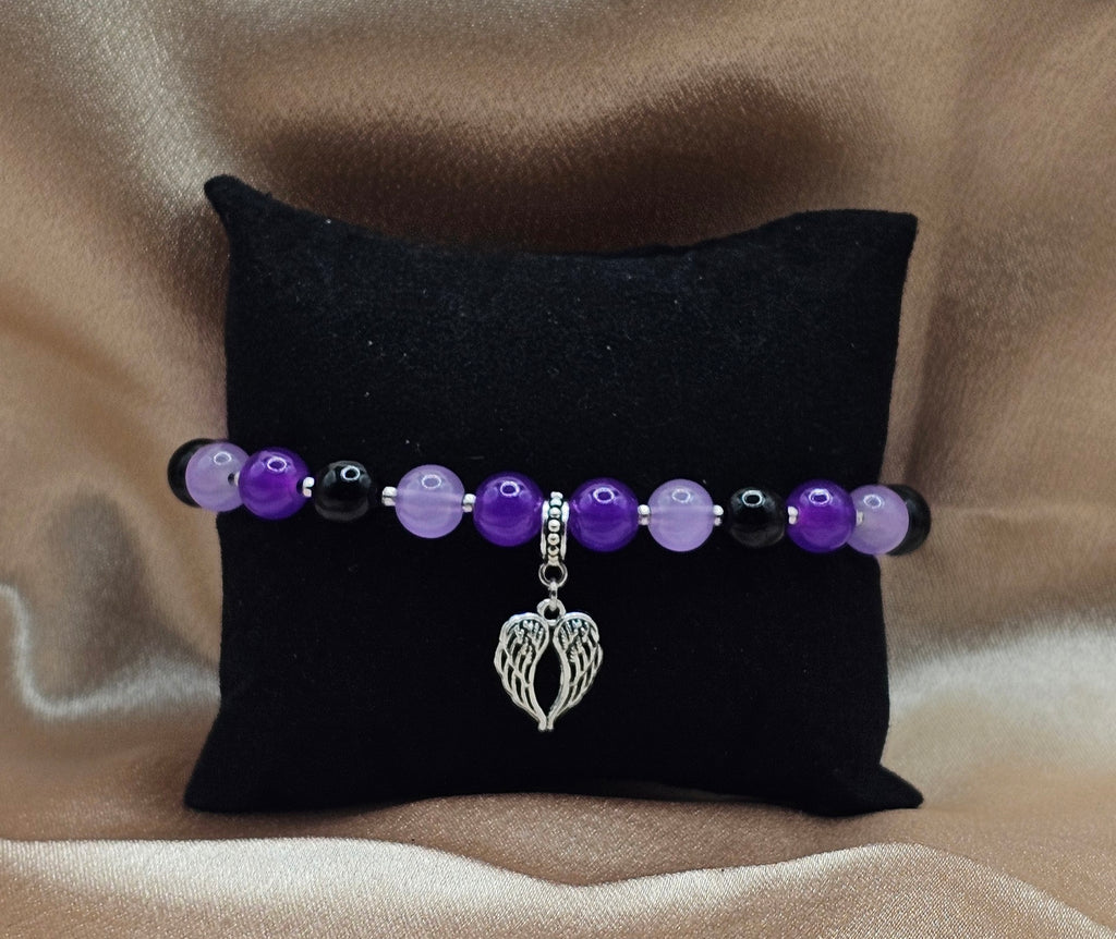 Purple & Black Beaded Bracelet | Silver Angel Wing Charm | Handmade Dark Coquette Angelcore Jewellery Australia