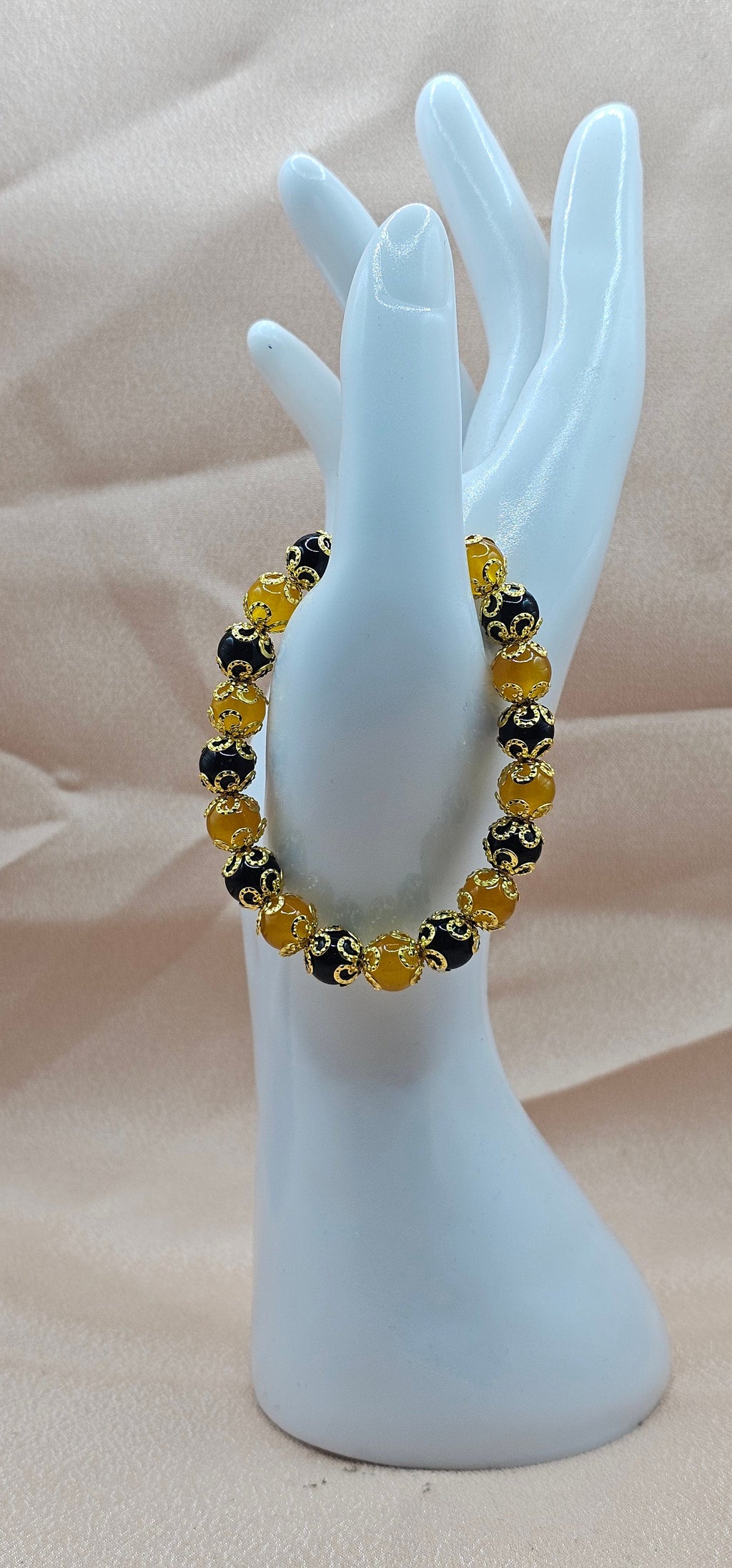 Black & Amber Gold Filigree Bracelet | Gothic Beaded Stretch Bracelet | Handmade Dark Jewellery Australia