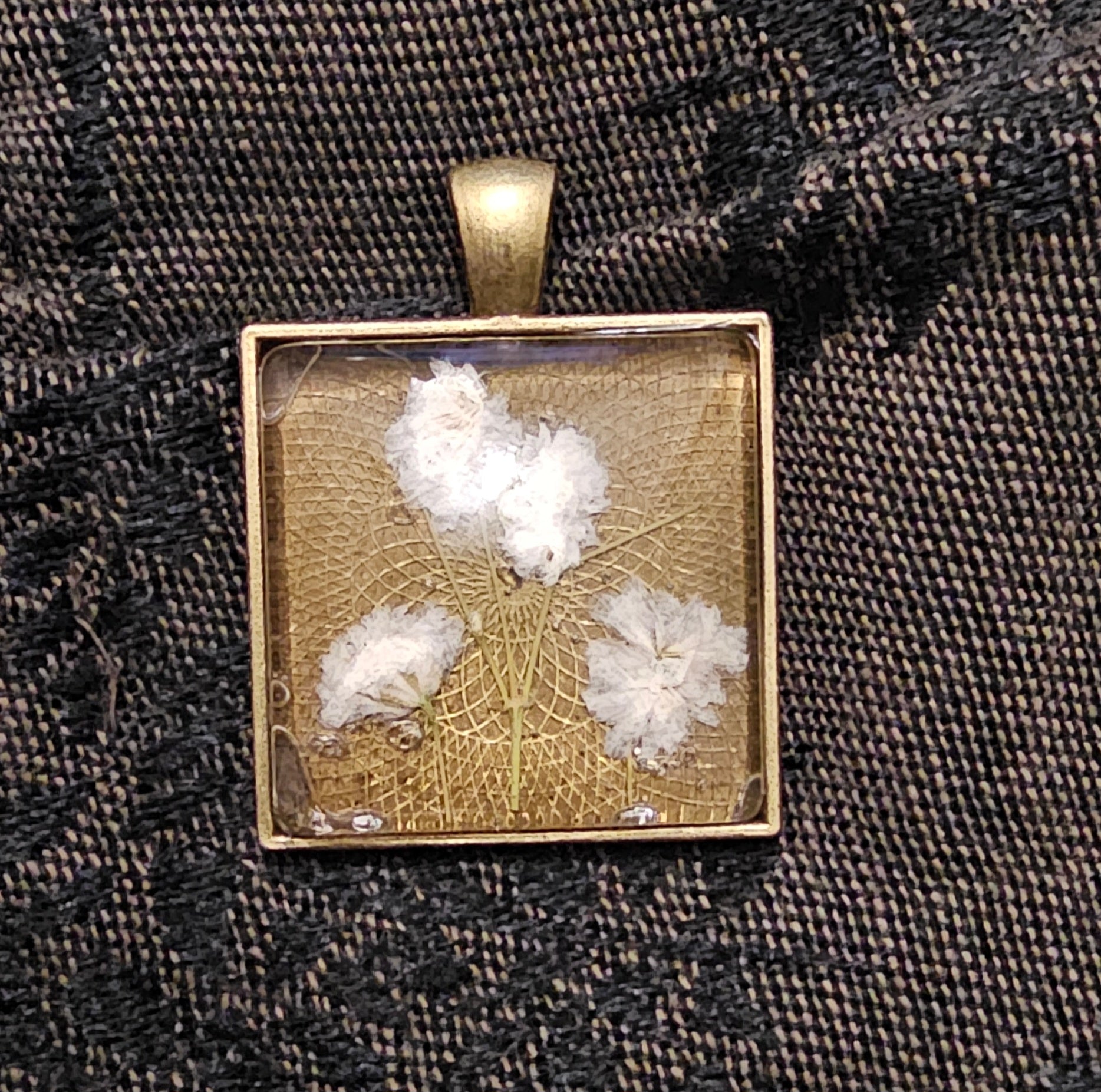 Bronze Square Resin Pendant | Real Baby's Breath & Bronze Lace | Handmade Cottagecore Jewellery