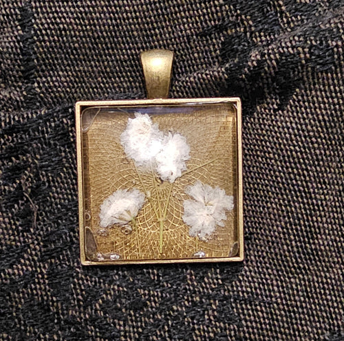 Bronze Square Resin Pendant | Real Baby's Breath & Bronze Lace | Handmade Cottagecore Jewellery
