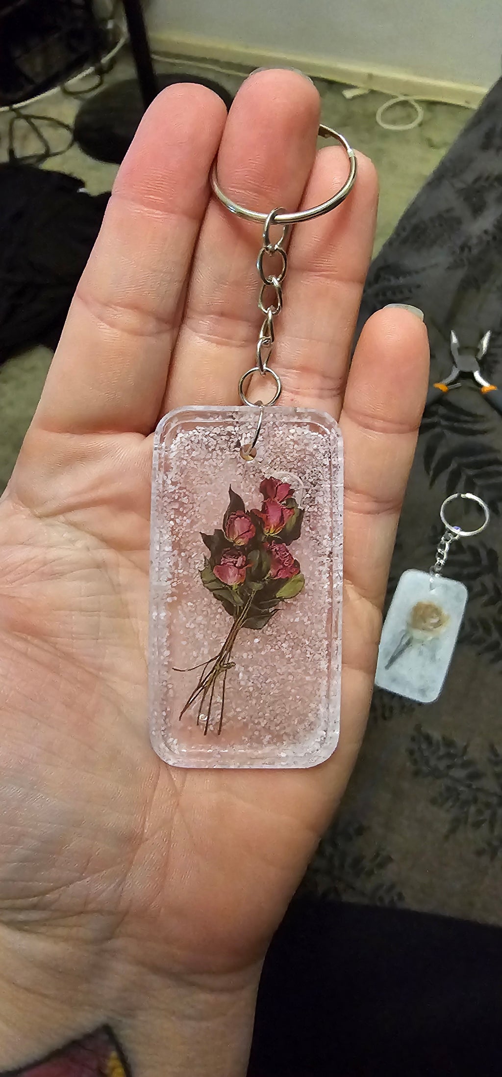 Pink Rose Resin Keychain | Dried Flower Bouquet in Clear Resin with Silver Glitter | Romantic Cottagecore Gift Australia