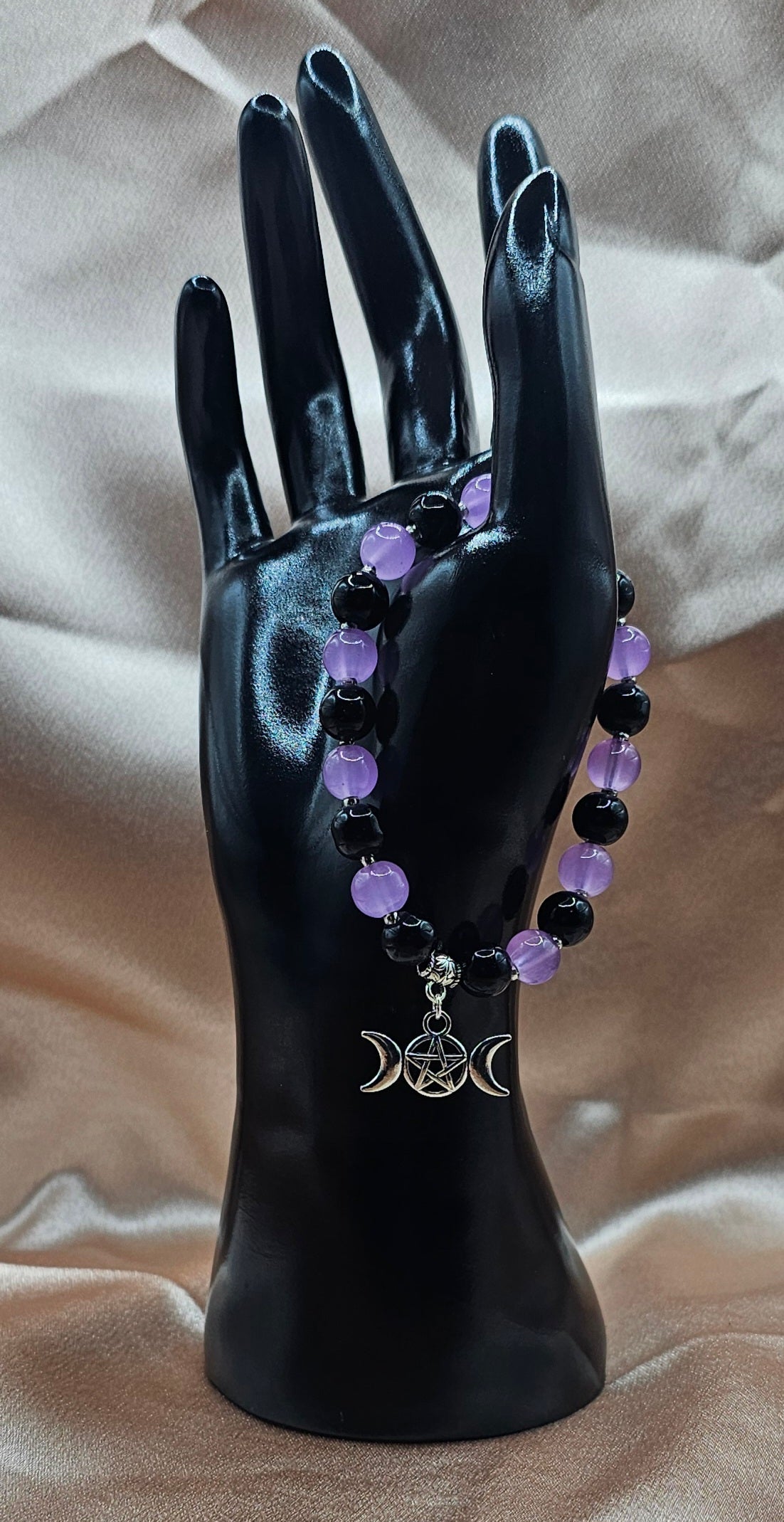 Purple & Black Beaded Bracelet | Triple Moon Pentagram Charm | Handmade Witchy Lunar Jewellery Australia